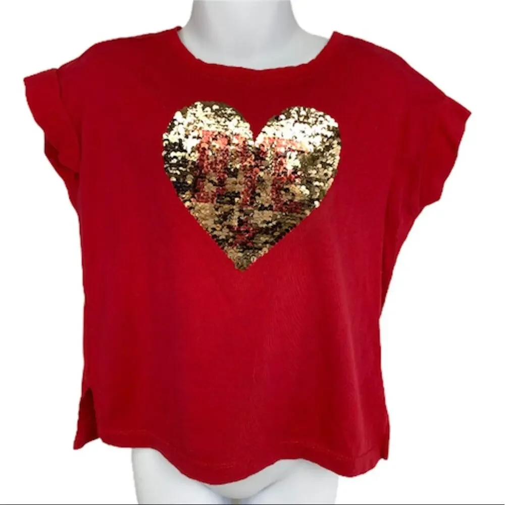 GAP Flip Sequin Heart T-Shirt Red & Blue Size XS